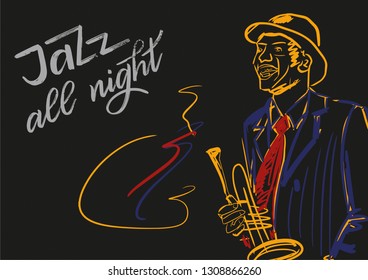 Jazz all night. Illustration for music concerts. Silhouette of saxophone player on black background. Red, yellow, white colors. 