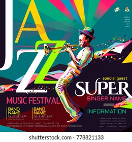 Jazz all night poster, music festival design in WPAP style, pop art portrait for trumpet performance