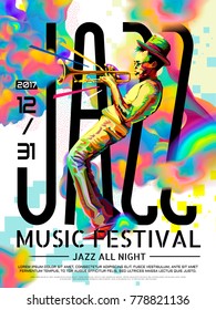 Jazz All Night Poster, Music Festival Design In WPAP Style, Pop Art Portrait For Trumpet Performance