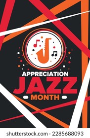Mes de Apreciación del Jazz en abril. El mes del reconocimiento del jazz en Estados Unidos. Festivales de música, eventos, conciertos. Cartel, tarjeta, cartel y fondo. Ilustración del vector