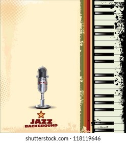 Jazz background with piano key and old microphone