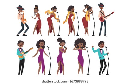 Jazz Band, African American Men and Women Singing and Playing Different Musical Instruments Vector Illustration