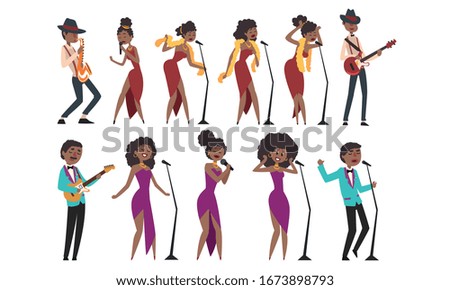 Jazz Band, African American Men and Women Singing and Playing Different Musical Instruments Vector Illustration