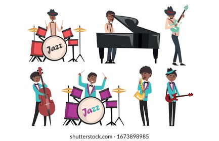 Jazz Band, African American Musician and Singers Singing and Playing Different Musical Instruments Vector Illustration