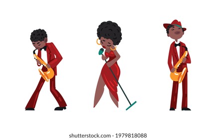 Jazz Band, African American Musicians Singing and Playing Different Saxophones Cartoon Vector Illustration