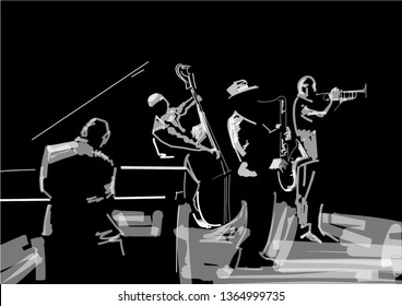 Banda de jazz. Ilustración musical en blanco y negro. Trombonista, saxofón, pianista, contrabandista. Instrumentos musicales: trombona, sax, piano de cola, bajo. Rendimiento en el escenario.