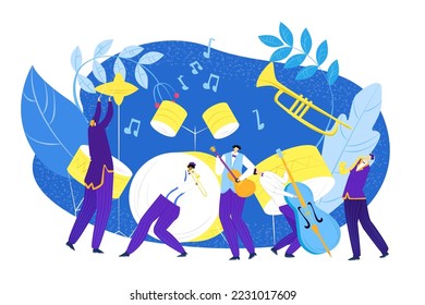 Jazz band with cartoon instruments at musical festival concert concept, vector illustration. Musician people character play at saxophone, trumpet