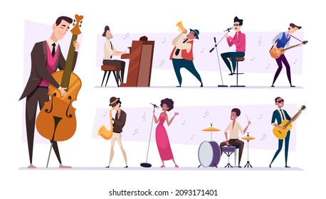 Jazz Band. Cartoon Musicians Characters Playing On Guitar Sax And Piano Performance Persons Exact Vector Set