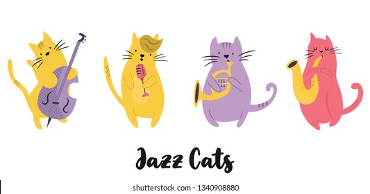 Jazz band of cats playing musical instruments and singing. Vector illustration. Character design. Pet collection