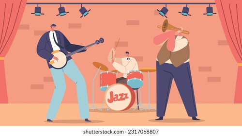 Jazz Band Character On Stage with Banjo, Drum and Trumpet Create An Electrifying Atmosphere Cartoon Vector Illustration