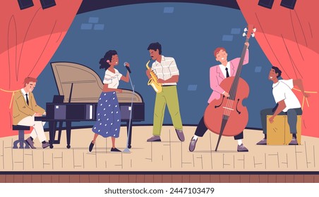Jazz band characters concert. Musician playing retro piano, singing vocalist saxophonist artist stage performance african cultural music festival concept classy vector illustration of band jazz