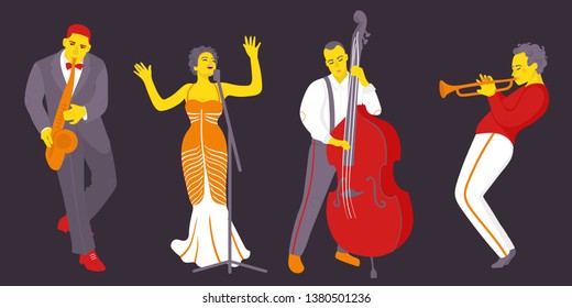 Jazz band. Colorful jazz musicians. Trumpeter, double bass player and saxophonist. Vector flat cartoon illustration