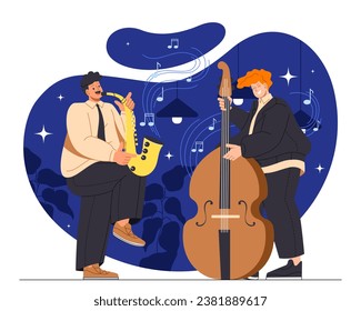Jazz band concept. Guy with saxophone and double bass in suits. Musicians perform at scene. Creativity and art. Talented artists with musical instruments. Cartoon flat vector illustration