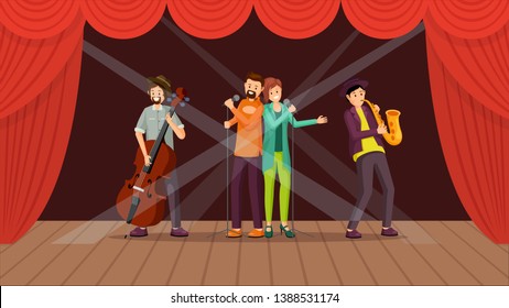 Jazz band concert flat vector illustration. Cartoon duet singers performing on stage with red curtains. Music accompaniment, cellist, saxophonist musicians, playing cello, saxophone in spotlight