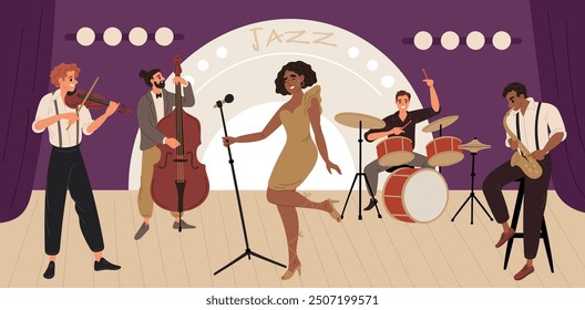 Jazz band concert. Musicians perform compositions on stage. Vocalist singing. Double bass player. Saxophonist and violinist. Musical instruments. Music performance