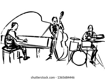 Jazz band: contrabass player, pianist and drummer. Performance on stage. Musical drawing. Black sketch. Vector.