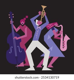 Banda de Jazz, contrabajo, saxofón, trompeta.
Diseño plano divertido Ilustración de dos mujeres músicos de jazz y un hombre con trompeta. Aislado sobre fondo negro.