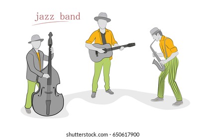 Jazz band with different musical instruments. Hand drawn cartoon vector illustration for design and infographics.