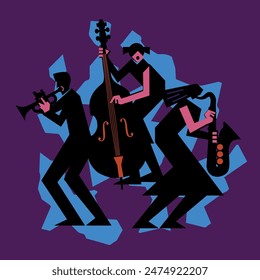 Jazz Band, dixieland, Contrabass, saxophon, trumpet.
 Funny flat design Illustration of two women jazz musicians and man with trumpet. Black silhouettes.	