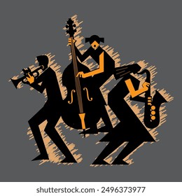 Jazz Band, dixieland, Contrabass, saxofón, trompeta.
Ilustración expresiva de dos mujeres músicos de jazz y un hombre con trompeta. Siluetas negras. Vector disponible.	