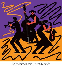 

Jazz Band, Dixieland, Contrabass, saxofone, trompete.
Ilustração expressiva de duas mulheres músicos de jazz e homem com trompete. Silhuetas pretas. Vetor disponível.