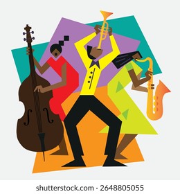 Jazz Band, Dixieland, Contrabass, saxofone, trompete. 
Design plano engraçado Ilustração de duas mulheres músicos de jazz e homem com trompete. Isolado no fundo branco. Vetor disponível.	