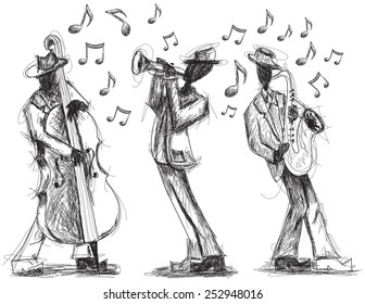 Jazz Band Doodles Hand Drawn Jazz Band With A Trumpet Player, Bassist,and Saxophonist 