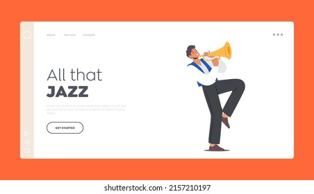 Jazz Band Entertainment, Concert Landing Page Template. Male Character Playing Trumpet or Horn. Music Player Blowing Musician Composition on Wind Instrument. Cartoon People Vector Illustration