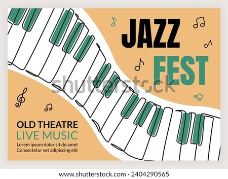 Jazz band fest poster. Live music concert. Musical festival. Synthesizer keyboard and notes. Theatre performance flyer. Musicians orchestra. Party invitation. Line drawing. Vector retro design banner [[stock_photo]] © 
