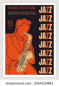 Jazz band festival poster. Live music concert. Musician playing saxophone. Musical performance flyer. Party invitation. Continuous line drawing. Nightlife entertainment placard. Vector design banner