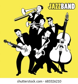 Jazz Band. Five jazz players playing jazz music. Cartoon Style