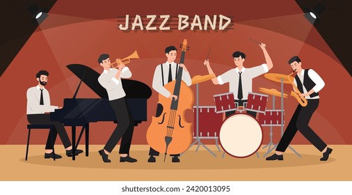 Jazz band flat vector illustration. Musicians playing musical instruments.