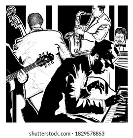 Jazz band with guitar, double bass, piano, saxophone and keyboard - vector illustration