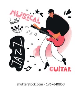 A jazz band guitarist plays the guitar. Jazz instrument guitar. Vector jazz poster. Performance of the musician