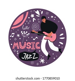 A jazz band guitarist plays the guitar. Jazz instrument guitar. Vector jazz poster. Performance of the musician