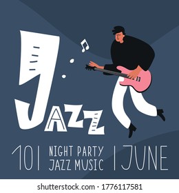 A jazz band guitarist plays the guitar. Jazz instrument guitar. Vector jazz poster. Performance of the musician