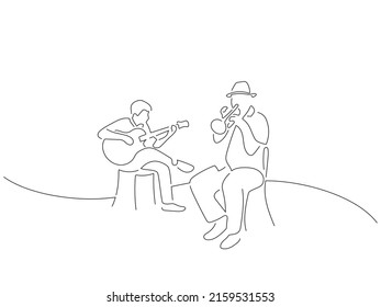 Jazz band in line art drawing style. Composition of a group of musicians playing music. Black linear sketch isolated on white background. Vector illustration design.