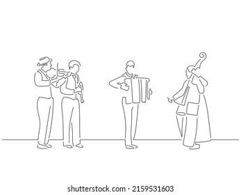 Jazz band in line art drawing style. Composition of a group of musicians playing music. Black linear sketch isolated on white background. Vector illustration design.