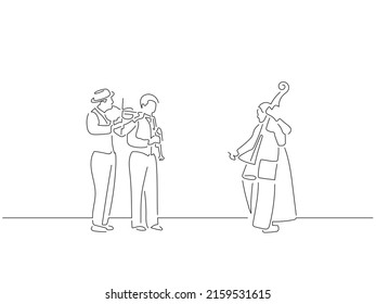 Jazz band in line art drawing style. Composition of a group of musicians playing music. Black linear sketch isolated on white background. Vector illustration design.