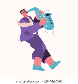 Jazz band member playing music at festival, concert or perform on stage. Musician plays musical instrument - saxophone. Vector character illustration of entertainment artist