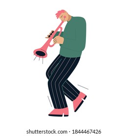 Jazz band member playing music at festival, concert or perform on stage. Musician plays musical instrument - trumpet. Vector character illustration of entertainment artists