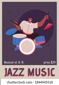 Jazz band member playing music at festival, concert or perform on stage. Musician plays musical instrument - drums. Vector character illustration of entertainment artist