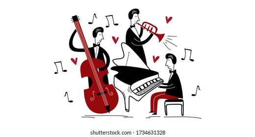 Jazz band music festival. Three jazz players playing group music in a concert isolated flat vector. Pianist playing piano, trumpet, and cello. Creative cartoon style.