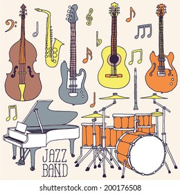 Jazz band music instruments hand drawn set. Vector illustration. 