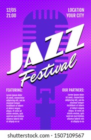 Jazz band music live festival show poster or invitation flyer cover design template. Retro microphone on purple background. Musical concert print vector illustration A3 A4