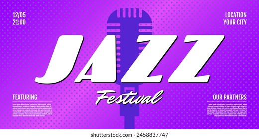 Jazz band music live festival show horizontal banner. Invitation flyer cover design template. Retro microphone on purple background. Musical concert advertising print. Eps