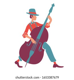 Jazz band musician with double bass flat color vector faceless character. Old fashioned man in hat, orchestra member. Retro performer playing musical instrument isolated cartoon illustration