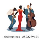 Jazz band or musician trio. Vector musical group at live performance. Ensemble with singer or vocalist, saxman entertainer and double bass performer. Saxophone or sax. Live artist concert or recital