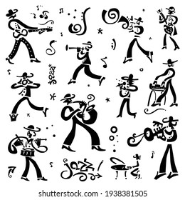 jazz band musicians doodle set