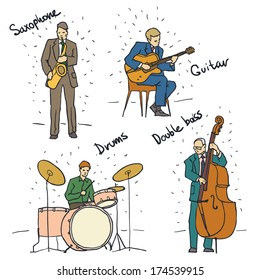 Jazz band musicians drawings set on white background